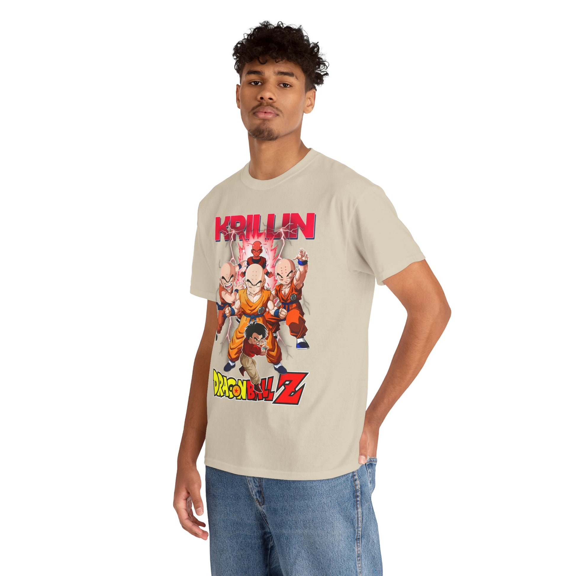 Man wearing a luxurious Dragon Ball Z T-shirt, featuring an eye-catching Krillin graphic, styled for a modern yet sophisticated look.