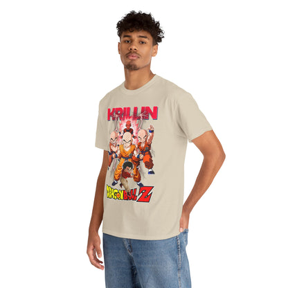 Man wearing a luxurious Dragon Ball Z T-shirt, featuring an eye-catching Krillin graphic, styled for a modern yet sophisticated look.