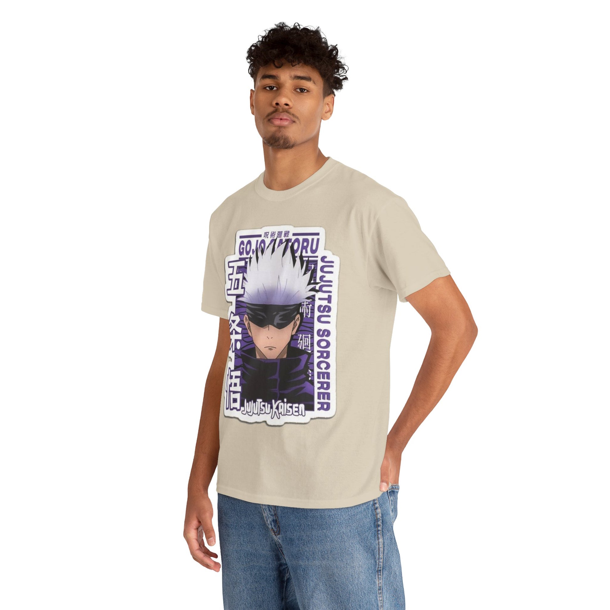 Elegant Gojo Satoru T-shirt featuring vibrant anime artwork, showcasing the character from Jujutsu Kaisen, tailored for stylish anime enthusiasts.