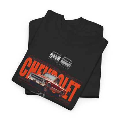 Stacked black t-shirts displaying an elegant Chevrolet C-10 vintage graphic, highlighting the classic truck alongside bold lettering, ideal for casual luxury wear.