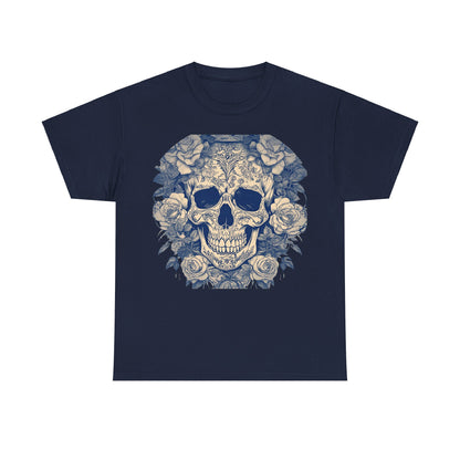 Skulls and Roses Cotton Tee in navy, showcasing an exquisite skull design adorned with roses, perfect for alternative fashion enthusiasts.