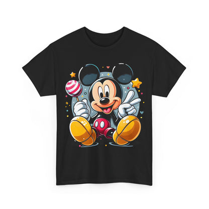 Front view of a luxury Mickey Mouse unisex graphic tee shirt, featuring a vibrant cartoon design of Mickey with a cheerful peace sign, perfect for all ages.