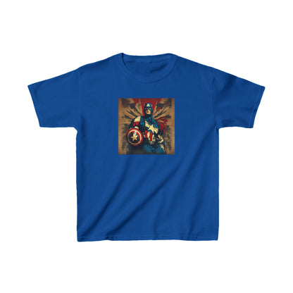 Kids Captain America Heavy Cotton T-Shirt in rich navy blue, featuring an eye-catching Captain America graphic, perfect for inspiring young superheroes.