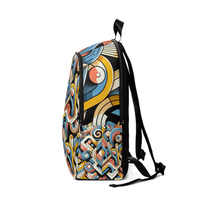 Close-up of the Neo-Luminary Fusion Backpack's playful comic motifs, showcasing exquisite craftsmanship from Dazzling Dreams Studio.