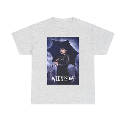 Elegant grey unisex graphic tee with the 'Wednesday' Embrace the Dark Elegance print, depicting a character under an umbrella in a dramatic setting.