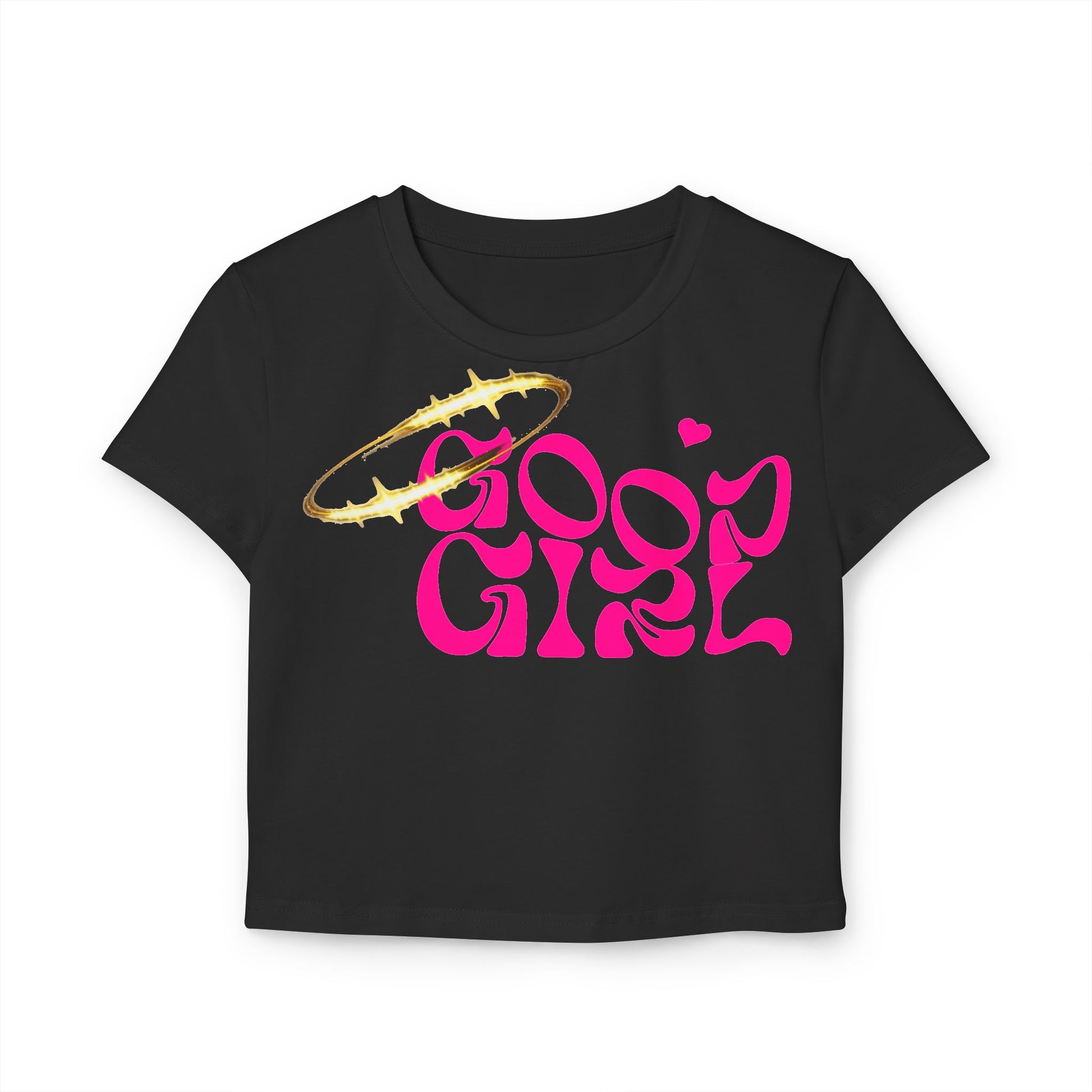 Stylish black cropped tee featuring playful 'Good Girl' design with a golden halo and pink text, crafted from organic cotton.