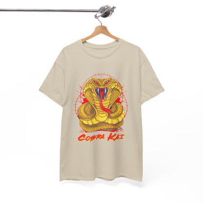 Sophisticated hanging Cobra Kai T-shirt displaying a vivid yellow cobra graphic, ideal for casual elegance and a nod to martial arts culture.
