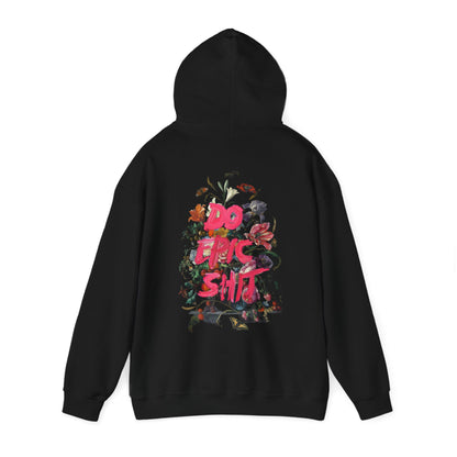 Luxury black hoodie featuring vibrant floral graphic design and bold statement 'DO EPIC SH*T' on the back.