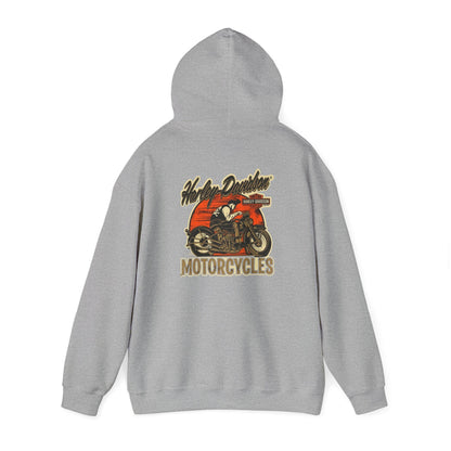 Elegant grey vintage Harley-Davidson hoodie showcasing a detailed back graphic of an iconic motorcycle, exuding timeless style and a spirit of freedom.