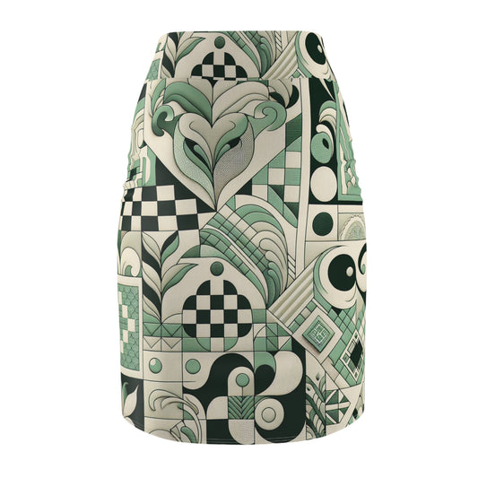 Vivienne Lacroix Pastel Green Pencil Skirt showcasing dynamic patterns with checkerboard and organic shapes, perfect for chic and versatile styling in an elegant ensemble.