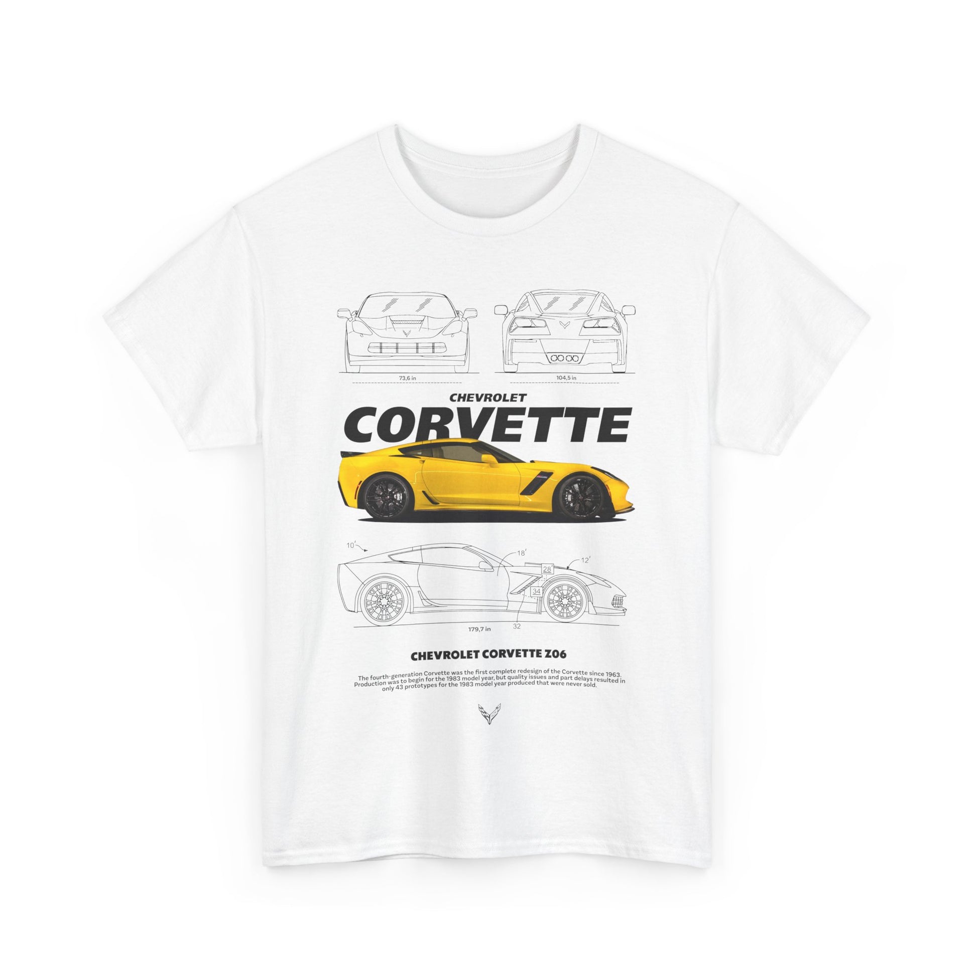 Stylish men's white t-shirt with a fashionable design showcasing the Chevrolet Corvette Z06, highlighting detailed schematics and a striking yellow car representation.