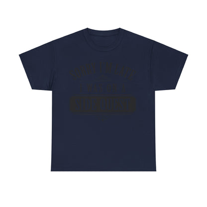  elegant navy unisex T-shirt with 'Sorry I'm Late: I Was On A Side Quest' bold lettering, ideal for casual chic wear.