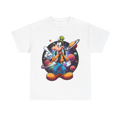 Cosmic Goofy Unisex Graphic Tee displayed in classic white, illustrating Goofy in a colourful cosmic scene, perfect for Disney fans.