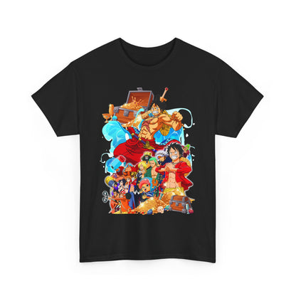 Sophisticated black t-shirt stacked, displaying a dynamic anime design that celebrates adventure and iconic characters, perfect for making a stylish statement.