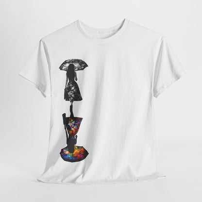 Duality Dreams Unisex Graphic T-Shirt featuring an artistic floral design with silhouettes, showcasing a black and white figure with an umbrella contrasted against a vibrant floral pattern.