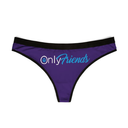 Captivating view of women's purple thong panties displaying the 'OnlyFriends' logo, perfect for adding playfulness to your lingerie collection.