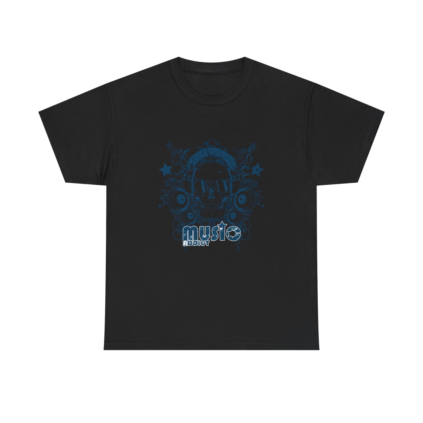 Elegant Music Addict Skull T-Shirt in black showcasing a striking vintage-inspired graphic with a skull and oversized headphones, perfect for stylish music lovers.