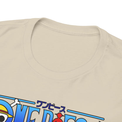 Refined beige t-shirt collar detail with vibrant One Piece logo, exemplifying luxury and comfort in anime-inspired fashion.