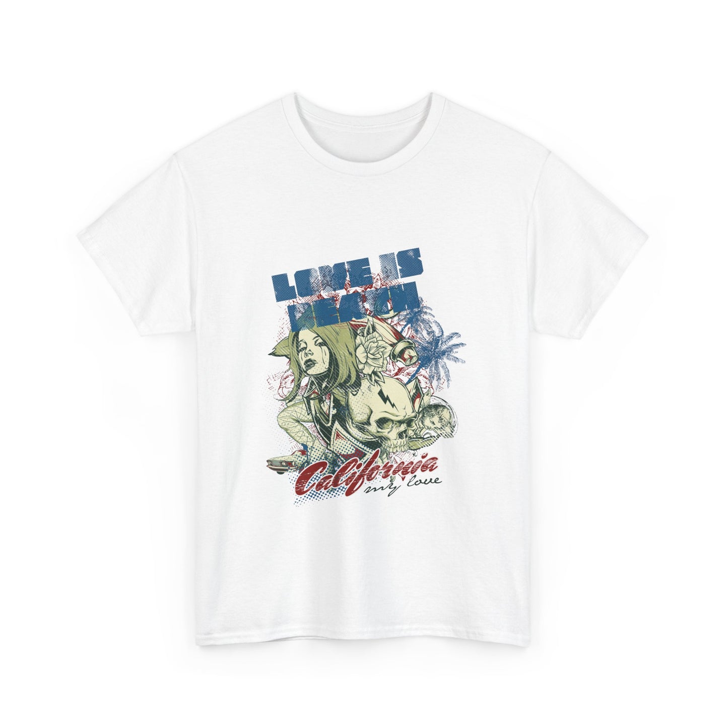 White men's t-shirt prominently featuring a detailed graphic design of a female figure with 'LOVE IS DEATH' text and palm trees, merging elegance with gothic elements.