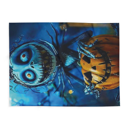 Decorative and Warm Halloween Skellington Spooky Arctic Fleece Blanket displaying an eerie, enchanting scene featuring a character alongside a pumpkin, perfect for Halloween décor.