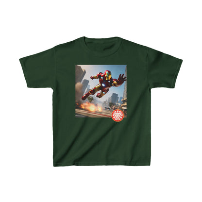Kids Iron Man Printed Heavy Duty T-Shirt with striking Iron Man graphic on deep green background - choose from 16 vibrant colours.