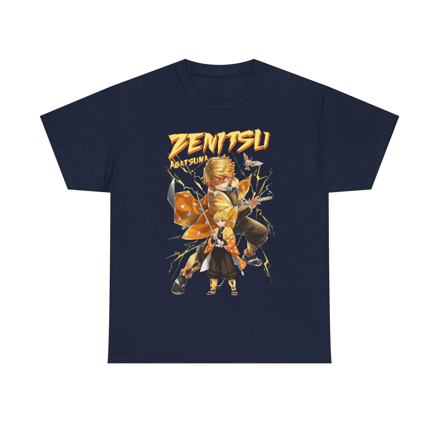 Sophisticated navy t-shirt displaying the fearless Zenitsu Agatsuma from Demon Slayer, embellished with vibrant graphics and an energetic aesthetic.
