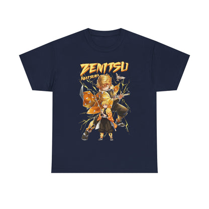 Sophisticated navy t-shirt displaying the fearless Zenitsu Agatsuma from Demon Slayer, embellished with vibrant graphics and an energetic aesthetic.