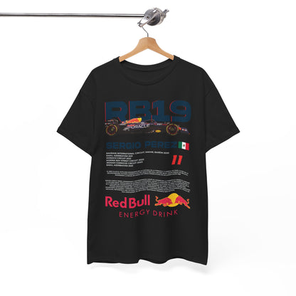 Stylish hanging men's Red Bull RB19 F1 racing tee, highlighting Sergio Perez's achievements with striking graphics and vibrant colours, ideal for casual outings.