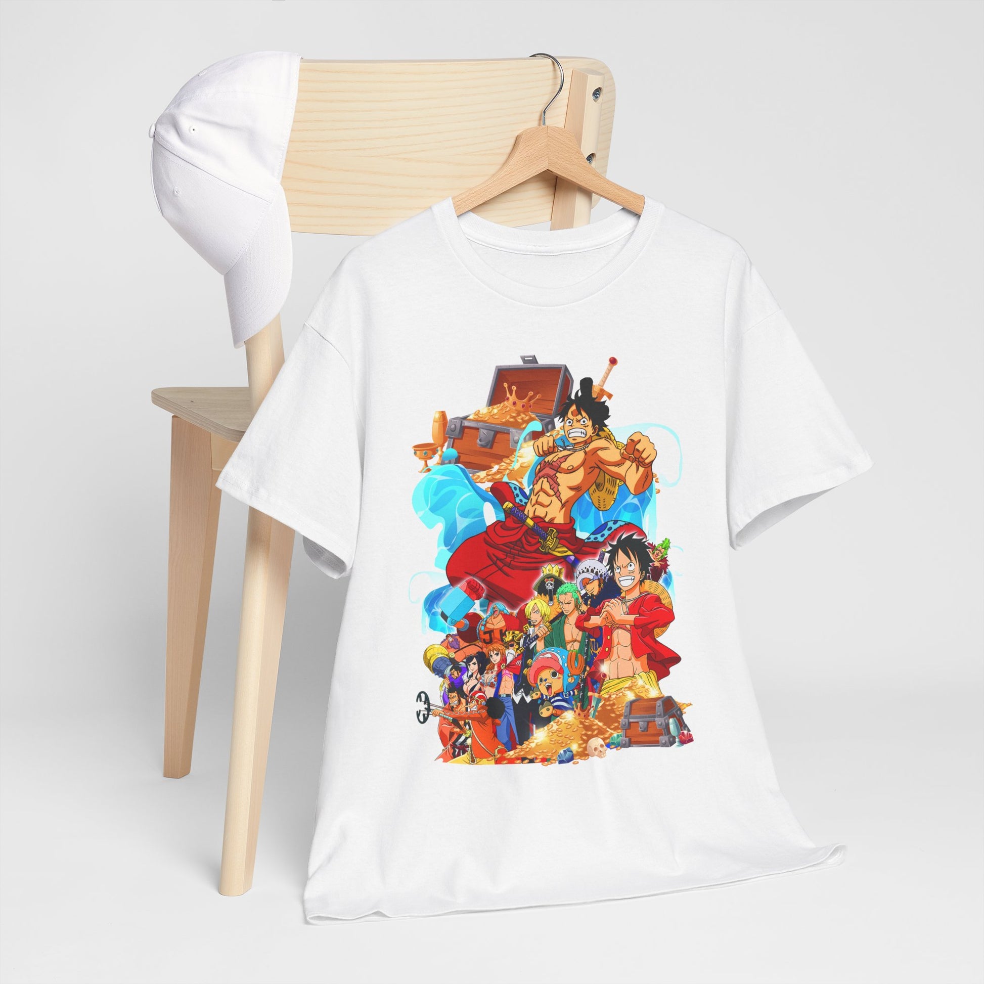 Stylish white men's T-shirt displayed with a chic cap, showcasing a vibrant anime-themed graphic depicting adventure and unity among popular characters.