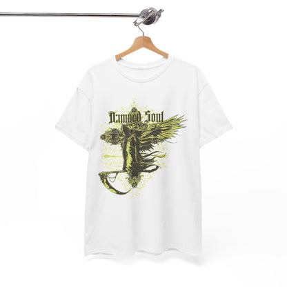 Elegant display of an Intricate Grim Reaper men's t-shirt with Dark Gothic Soul design, suspended for visual appeal.
