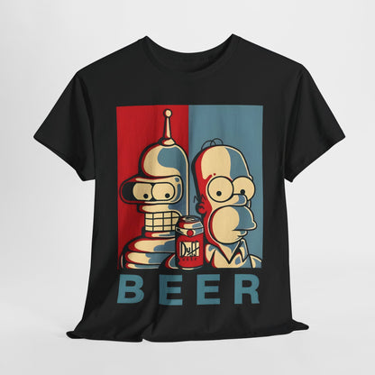 Bender and Homer Beer Poster Graphic T-Shirt featuring a stylish design with iconic characters from pop culture. This unisex cotton tee combines nostalgia with contemporary fashion, perfect for the discerning geek.