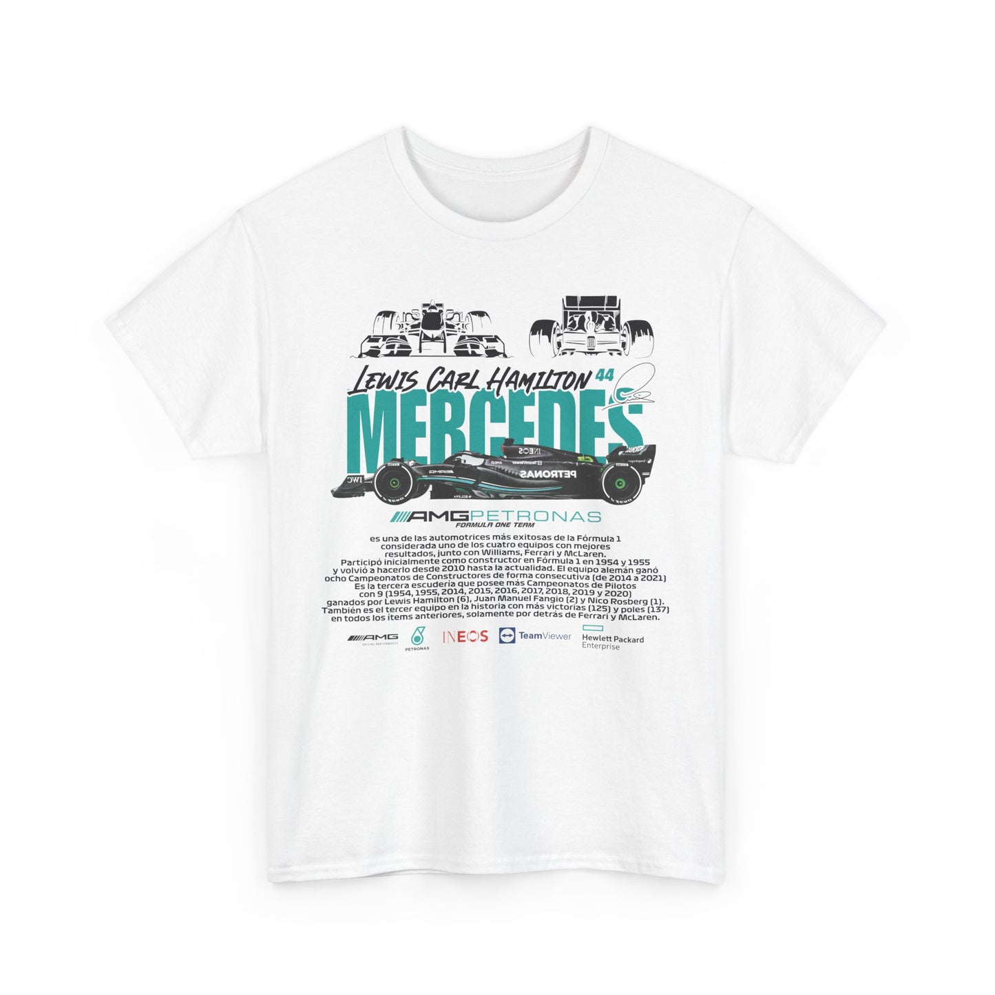 Stunning white t-shirt with bold graphics celebrating Lewis Hamilton and the Mercedes AMG Petronas F1 team, capturing the essence of racing elegance.
