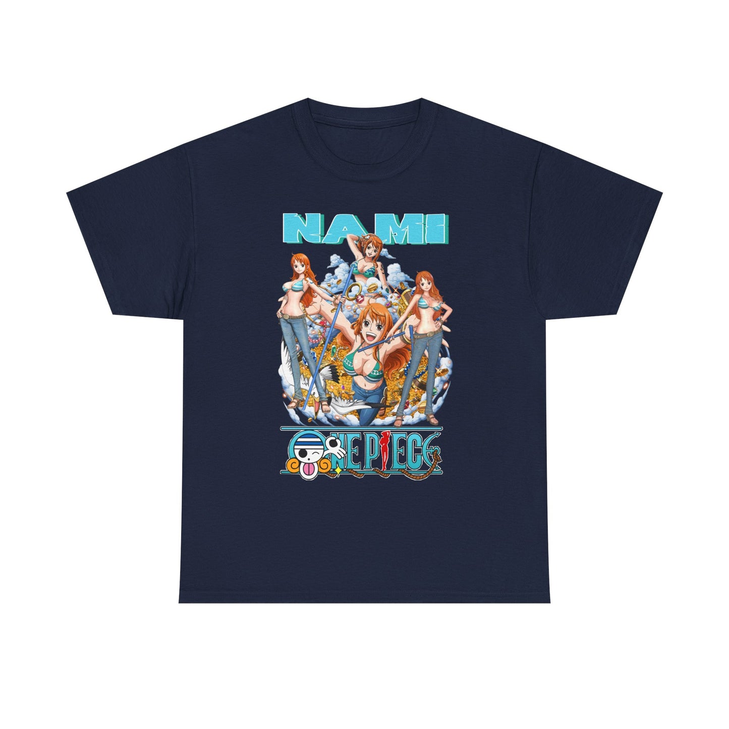 Chic Men's Nami Graphic T-Shirt in navy blue, featuring a bold 'One Piece' design. The vibrant print of Nami captures the essence of adventure, making it an ideal statement piece.