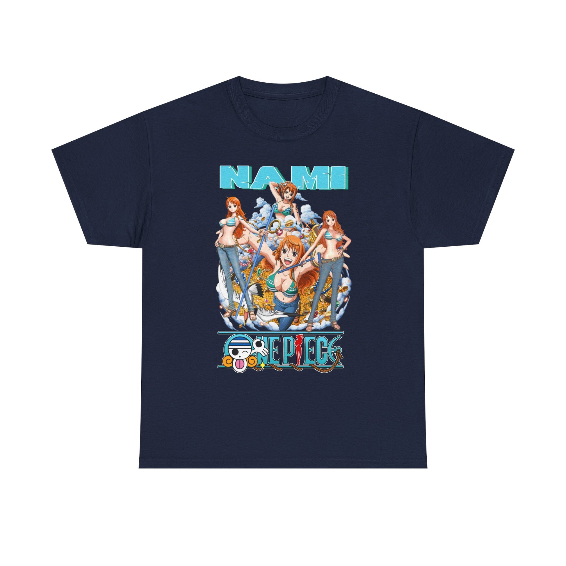 Chic Men's Nami Graphic T-Shirt in navy blue, featuring a bold 'One Piece' design. The vibrant print of Nami captures the essence of adventure, making it an ideal statement piece.