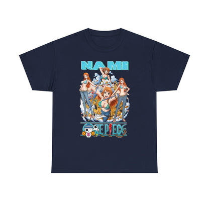 Chic Men's Nami Graphic T-Shirt in navy blue, featuring a bold 'One Piece' design. The vibrant print of Nami captures the essence of adventure, making it an ideal statement piece.