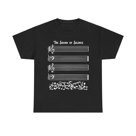 Stylish unisex t-shirt showcasing 'The Sound of Silence' with elegant musical notation, perfect for a sophisticated wardrobe.