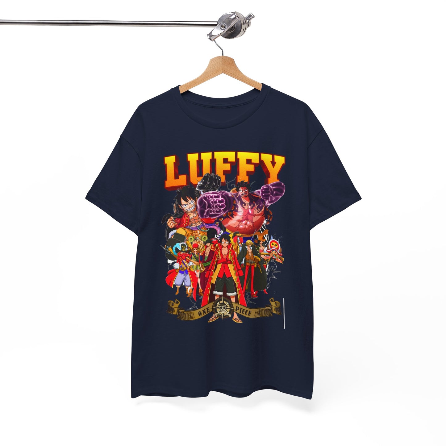 Chic hanging navy blue t-shirt featuring a striking Luffy design, an essential piece for fashion-forward fans of the One Piece anime series.