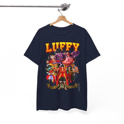 Chic hanging navy blue t-shirt featuring a striking Luffy design, an essential piece for fashion-forward fans of the One Piece anime series.