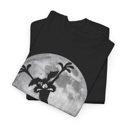 Refined stacked black graphic tees highlighting the silhouette of Wile E. Coyote and a glowing full moon, embodying a balance of fun and sophistication.