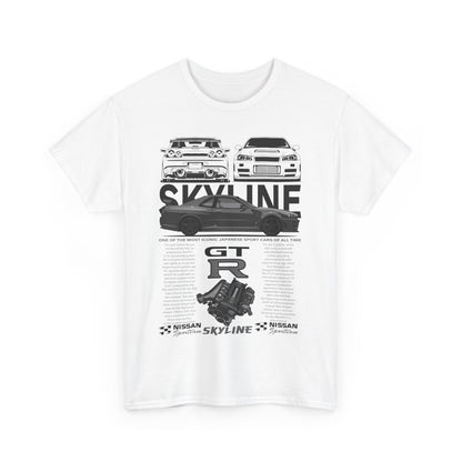 Refined white Nissan Skyline GT-R men’s t-shirt displaying dynamic images of the Skyline family along with detailed descriptions of performance specs, embodying a passion for luxury automotive excellence.