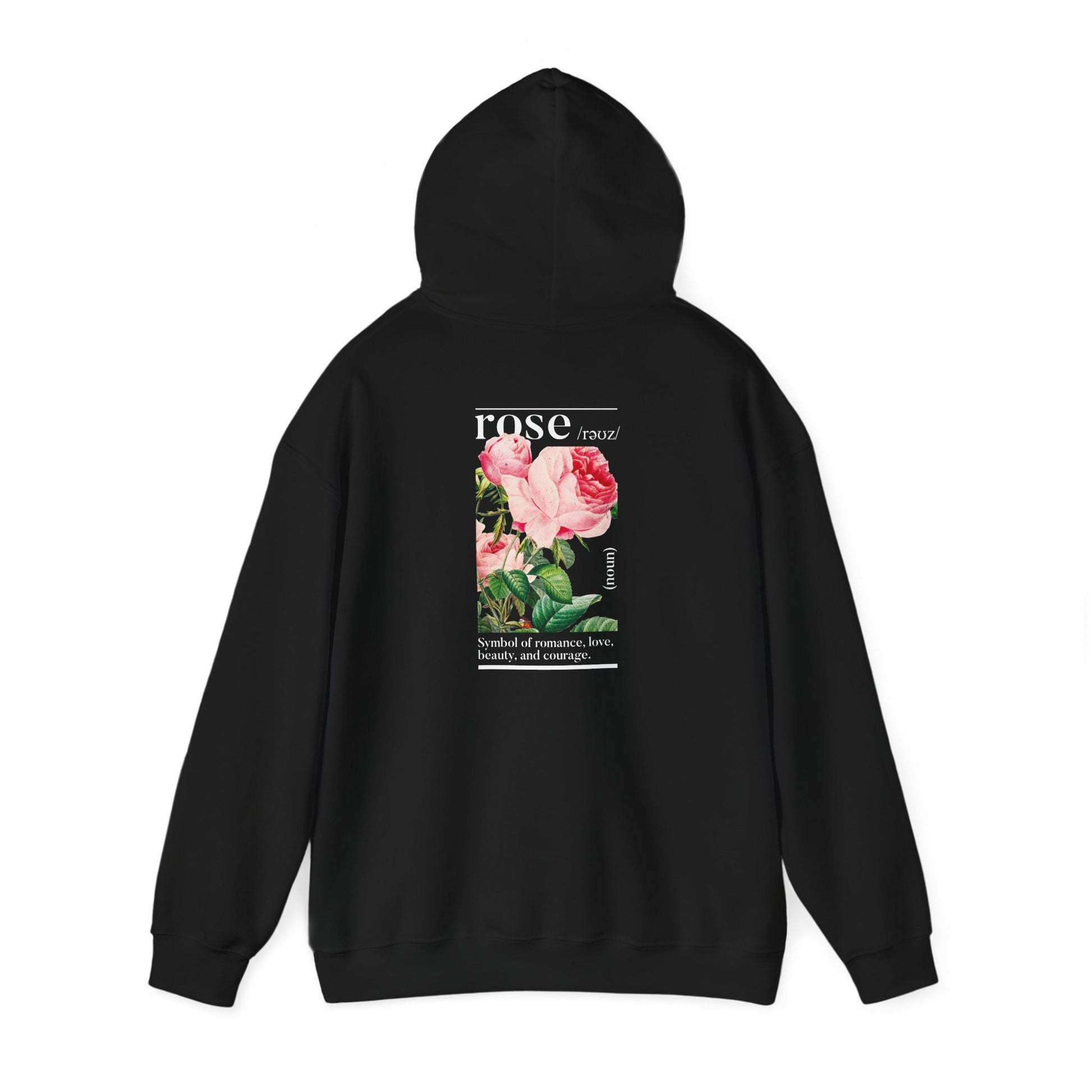 Sophisticated black hoodie featuring a captivating rose design, symbolising love and beauty with an artistic touch.