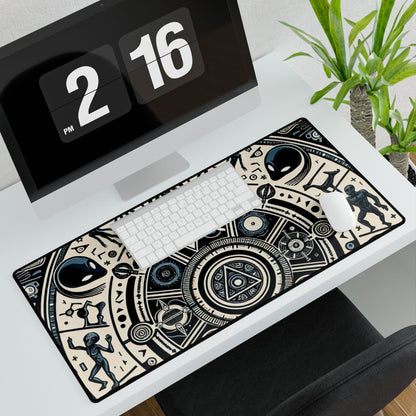 Cosmic Hieroglyphic Tranquility Mat - Desk: Beautifully designed desk mat featuring intricate cosmic artwork with ancient alien themes, adding a luxurious touch to your office.