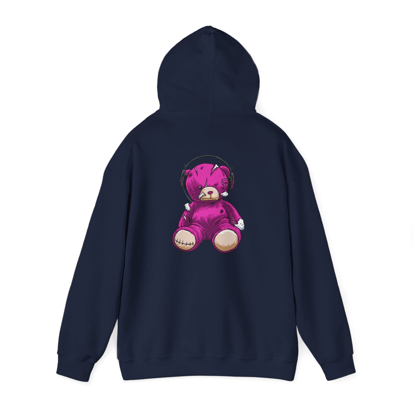 Elegant view of a glamorous distressed purple teddy bear hoodie showcasing a detailed teddy bear graphic, designed for comfort and unique fashion statements.