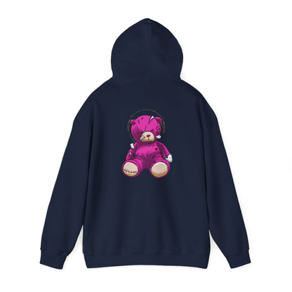 Elegant view of a glamorous distressed purple teddy bear hoodie showcasing a detailed teddy bear graphic, designed for comfort and unique fashion statements.