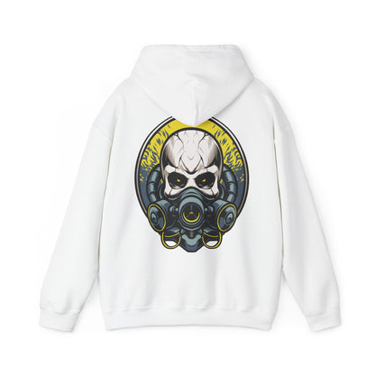 Elegant steampunk skull design with a gas mask, featured on the back of a luxurious white hoodie, showcasing bold golden accents.