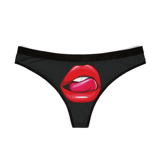 Exquisite women's thong showcasing a bold graphic of luscious red lips and a tongue, a cheeky addition for birthdays or anniversaries.