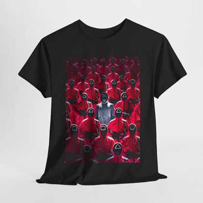 Luxurious Squid Game unisex men's women's graphic cotton funny T-shirt featuring a striking design of the mysterious character surrounded by players in red outfits, perfect for making a bold fashion statement.