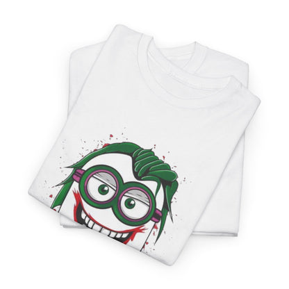 Men's Funny T Shirt featuring an eye-catching Joker Minion face design, perfect for fans of humour and superhero culture, embodying the essence of both Minions and the Dark Knight.
