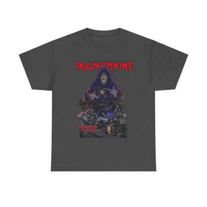 Iron Empire Graphic Tee in dark heather grey featuring a unique Darth Sidious and Vader design, crafted from sustainable cotton.