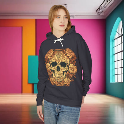 Elegant Unisex Lightweight Hooded Sweatshirt featuring a unique designer skull and roses design, showcased on a model against a vibrant colourful background.